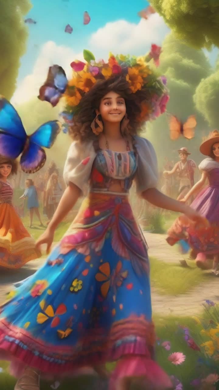 Whimsical cartoon gypsies with vibrant dresses adorned in colorful patterns lively characters filled with personality  Sketching and dancing joyfully in a sunlit park bursting with wildflowers and fluttering butterflies surrounded by enchanting trees and a bright blue sky adding a touch of magic to the scene 