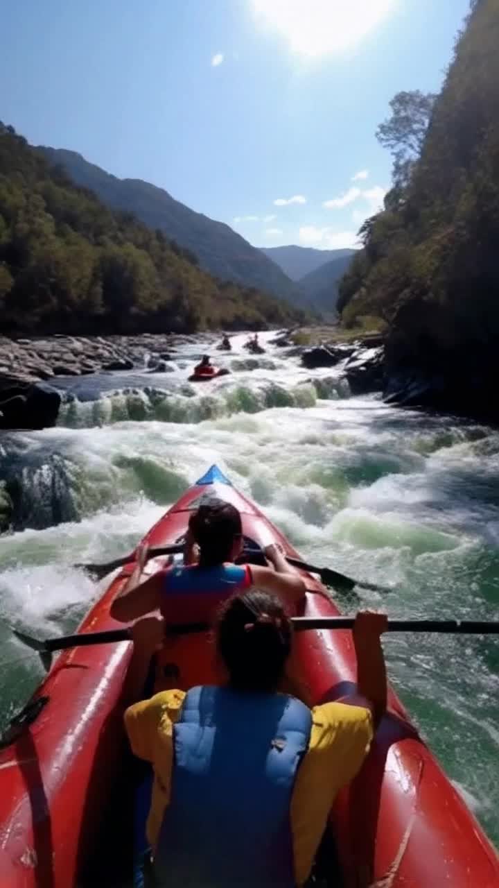 Colorful rafts filled with exhilarated adventurers navigating roaring rapids under bright blue skies water splashing dramatically against vibrant paddles Internal camera capturing every grin and gasp as swift currents pull them closer to thundering waterfalls Sunlight filtering through lush green canopies framed by towering mountains and distant peaks providing a majestic backdrop filled with wildflowers dancing in the breeze