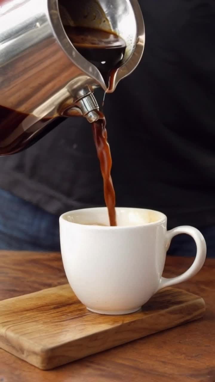 A guy is pouring coffee down his throat with a bottomless cup which is actually a funnel on the bottom of the cup and a huge restaurant coffee machine pouring coffee like a waterfall into top of this cup 