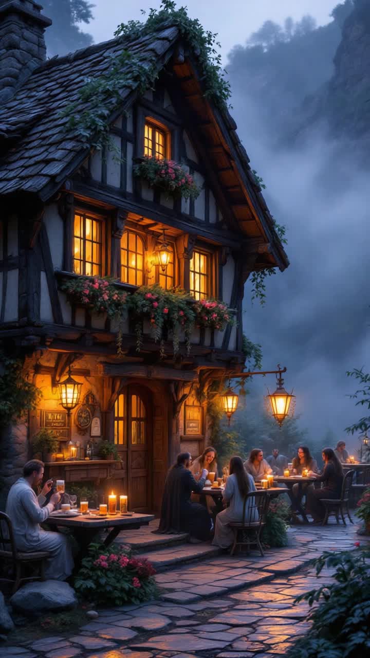 Ancient timber tavern adorned with intricate carvings flickering candlelight casts warm shadows on weathered stone walls charming wooden beams draped in lush greenery patrons dressed in flowing garments share laughter over hearty plates savoring rich stews and frothy ales clinking tankards echo through the air soft melodies from a nearby bard permeate the atmosphere creating an inviting embrace of camaraderie nestled within a misty hillside illuminated by twilight hues of purple and gold wisps of fog curl around the entrance inviting weary travelers into a world of storytelling and warmth