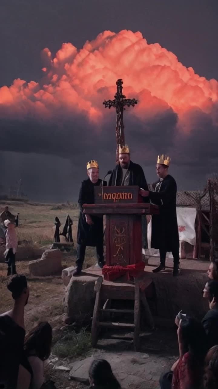 Preacher and salesman with their crowned overweight king at floating pulpit, fervently screaming about their skin melting off their bones to hellfire, brimstone raining down, rural gothic setting, Americana ambiance, fine details, convincing emotions, under heavy rain, stormy, dynamic, bleak colors enhanced by crimson and consuming black mushroom cloud in sky by Mike Mignola and Frank Miller