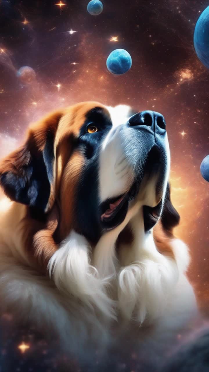 Majestic Saint Bernard head  with eight vibrant octopus legs gracefully gliding above astonished crowd in celestial space court filled with twinkling stars and glowing planets surrounding translucent floating structures reflecting cosmic light