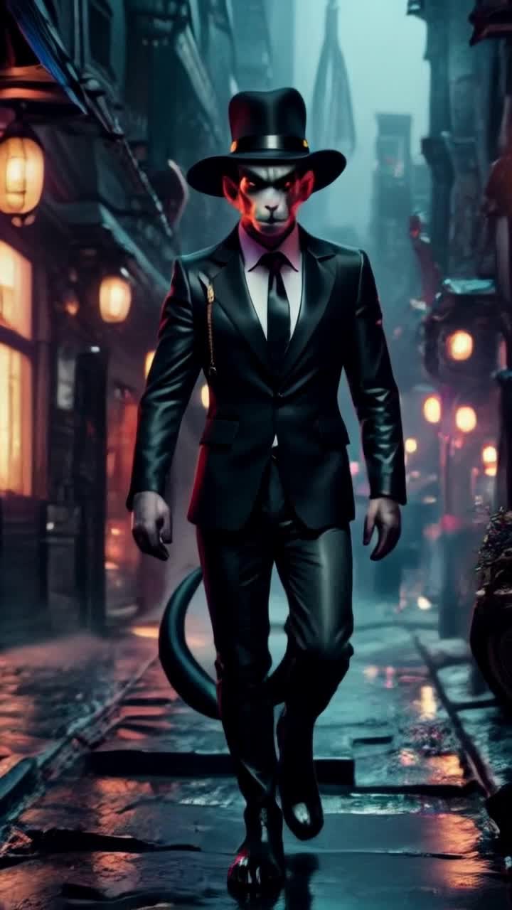 Confident male anthropomorphic rat exuding authority dressed in sleek tailored black suit and crisp white shirt detailed with sharp black tie and jaunty black fedora casting a shrewd glance with piercing yellow eyes meticulously groomed tail poised behind him navigating dimly lit alleyways of bustling city nightlife neon lights reflecting off wet pavement surrounding hidden underworld gatherings smoke curling from shadows as deals unfold amidst tension highlighting his strategic mindset and fierce loyalty navigating moral complexities in pursuit of power shaping legacy of influence with calculated charm