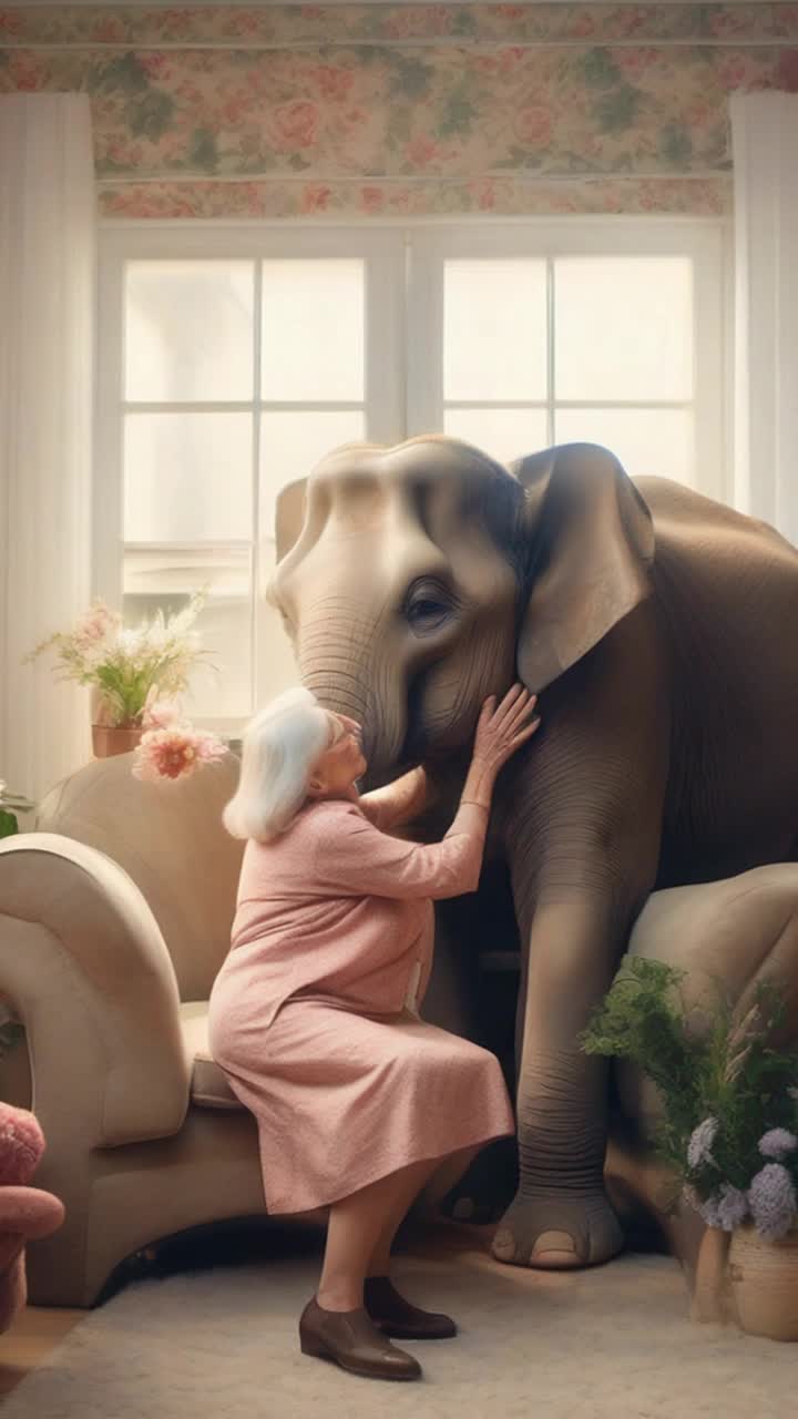 Elderly woman with joyful smile embraces enormous plush elephant tenderly planting a soft kiss on its trunk Warm nursing home room filled with cheerful decorations sunlight filtering through large windows flowers blooming on the windowsill cozy armchair sat beside her inviting vintage wallpaper adding warmth to the scene