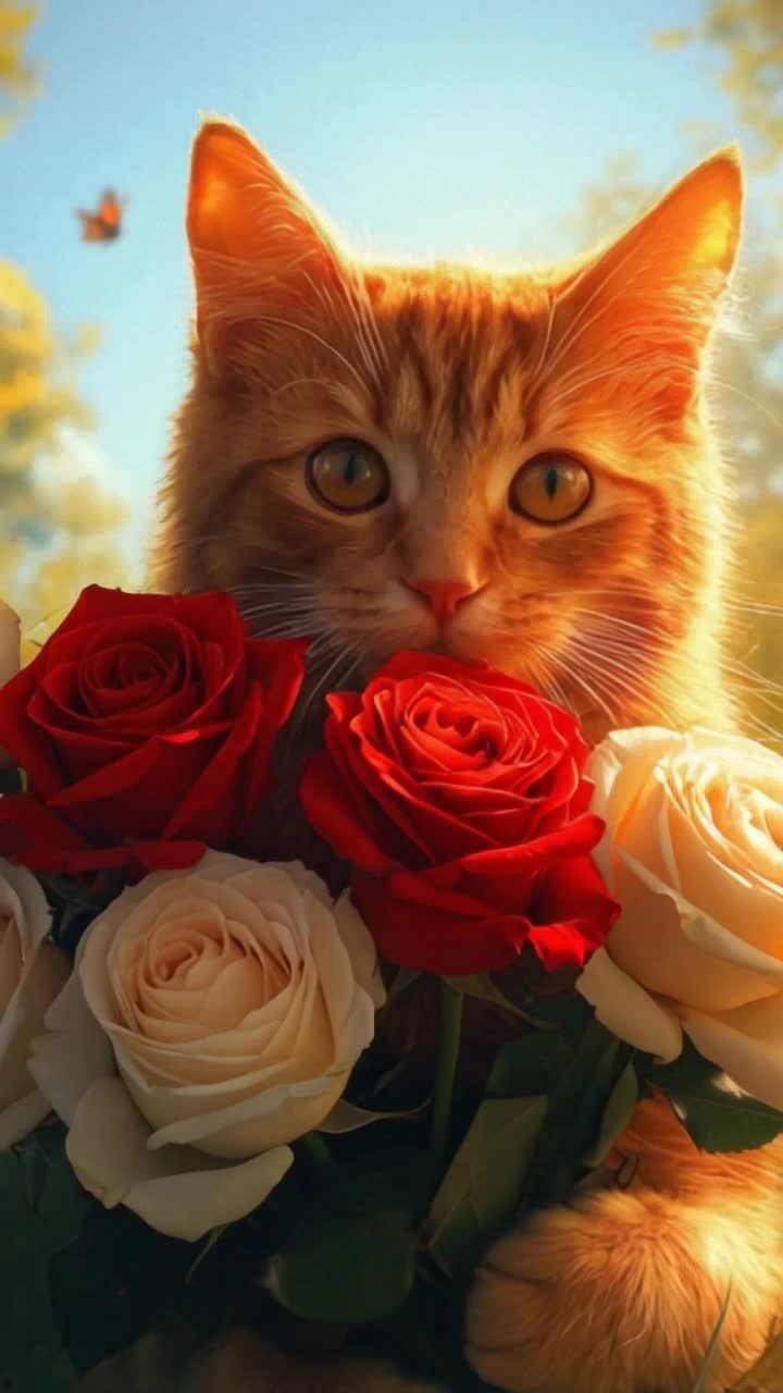 Fluffy ginger cat with oversized ears sparkling eyes presents vibrant bouquet of red white roses gracefully blooming revealing delicate petals Cats paws gently clutched stems soft fur glistening in golden sunlight Playful whiskers twitching with excitement Flowers exuding fragrant aroma creating enchanting atmosphere Surrounding lush green garden bursting with vibrant colors butterflies fluttering through clear blue sky casting playful shadows upon soft grass