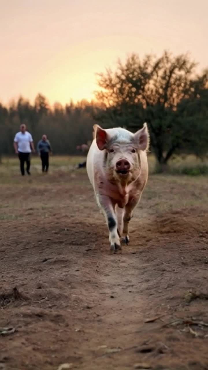 Create a 30 second animated video of a pig running frantically from a group of humans, with a desperate expression, conveying a sense of urgency and fear for its life The background should be a simple landscape with trees and a sunset The pig should be the main focus, with the humans in the background chasing after it