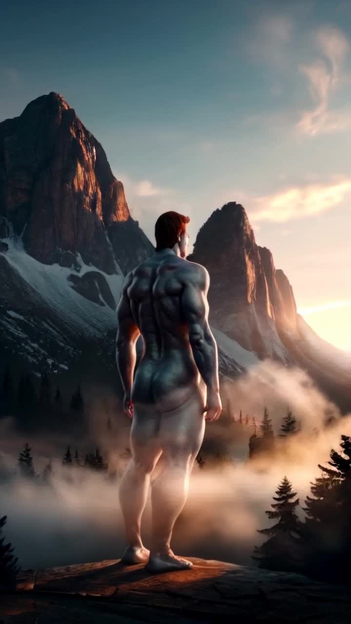 Holographic 6ft 2 muscular figure of a brownhaired white male radiates a soft glow Facing towards the dawn as golden rays illuminate his silhouette A translucent 3D thought bubble hovers above his head swirling with vibrant colors against a clear blue sky Majestic Jump Off Joe Mountain looms in the background its rugged peaks kissed by the first light of morning Mist gently rolls down its slopes creating a mystical atmosphere as pine trees sway lightly in the cool breeze