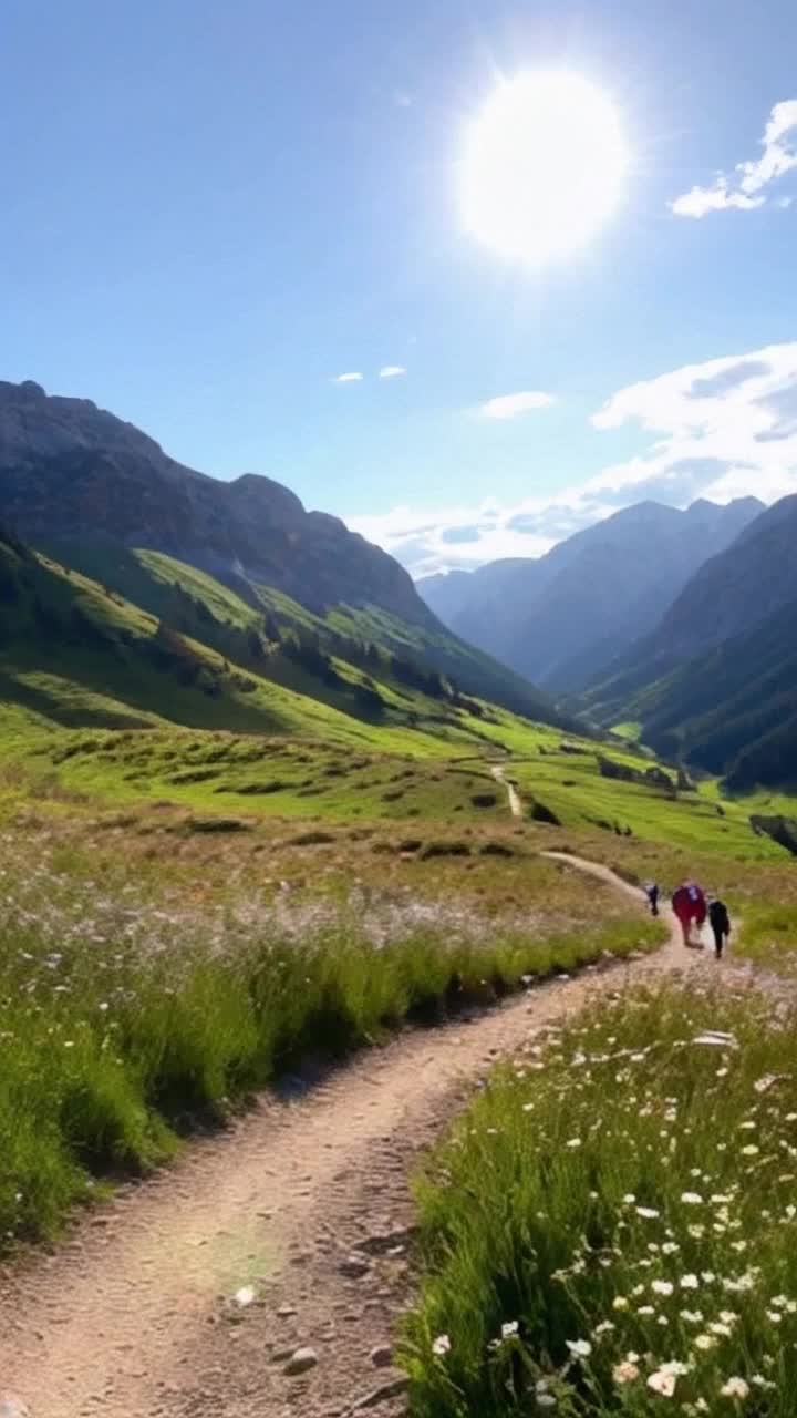 Majestic peaks towering above lush green valleys glistening under sunlight Invigorated hikers journeying with purpose along winding trails Each step revealing hidden wonders like wildflowers dancing in the breeze Whispers of nature surround as birds soar gracefully overhead Soft rustling leaves create an enchanting melody Patches of sunlight flicker through the treetops illuminating the path ahead A sense of adventure fills the air as shadows stretch and mountains beckon inviting exploration and discovery