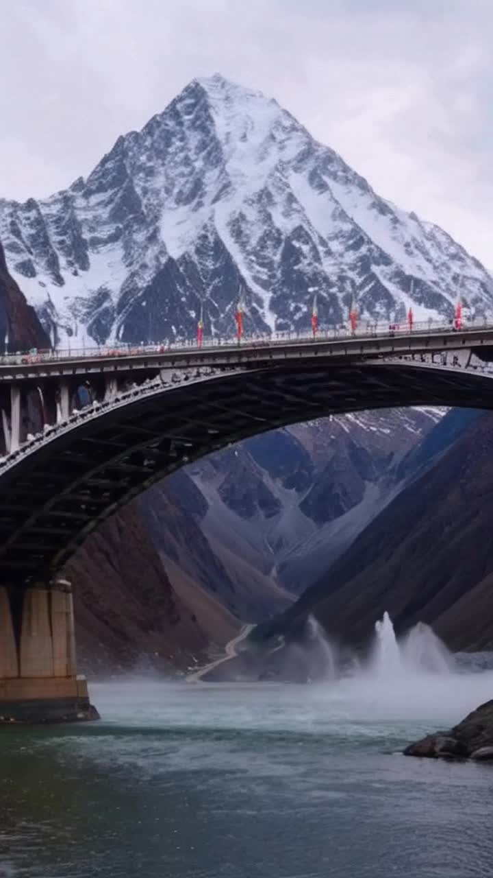 ORNATE BRIDGES a bridge spans a river or a godge, the bridge is passing over mount Everest, this bridge is embedded with sparkling radiant diamonds and metallic carvings realistic looking this bridge has tiny fog fountains of either sides A DREAM BRIDGE