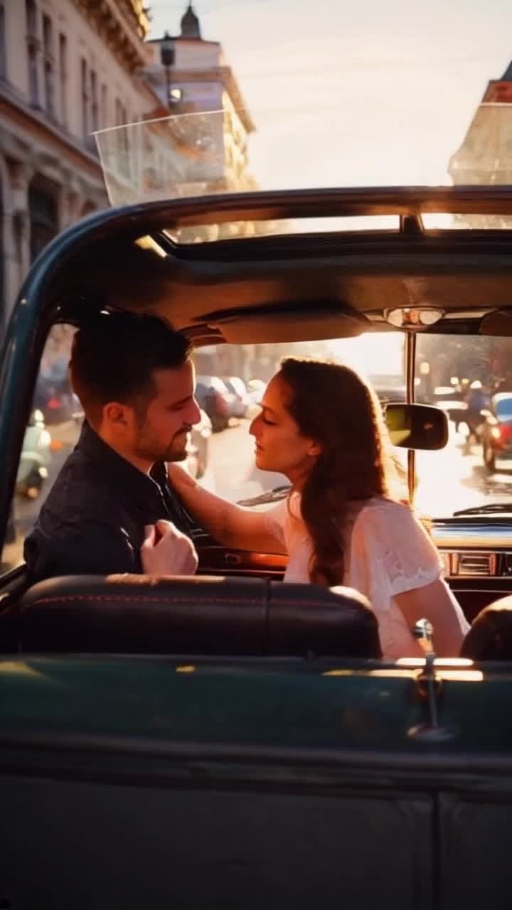 Two people intertwined in an emotional embrace within a vintage car filled with warm sunlight reflecting off glass Heartfelt gazes exchanged as they share whispered confessions filled with vulnerability Surrounding them, vibrant city streets bustling with life and bright colors softening the edges of a romantic atmosphere Gentle wind rustles through open windows enhancing feelings of freedom and connection Deep shadows mingle with golden light creating a dreamlike ambiance Soft music plays in the background amplifying the raw emotion as tension between fear and love intertwines in the air inviting viewers into their intimate moment