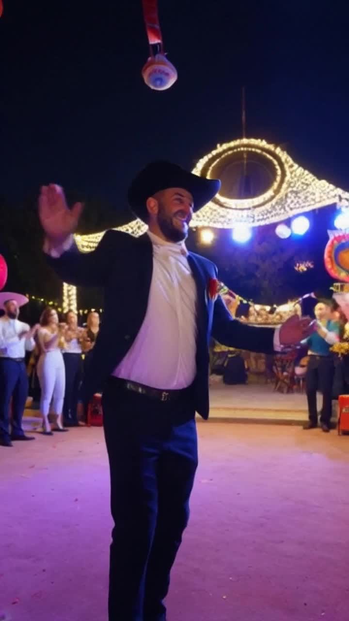 Don Ramon Valdes twirling joyfully surrounded by vibrant colors and authentic Mexican decorations lively mariachi band playing in the background bright lights illuminating a festive celebration capturing the rhythm of traditional folk music each step radiating energy and charisma guests clapping and cheering with delight creating an atmosphere filled with joy and cultural heritage