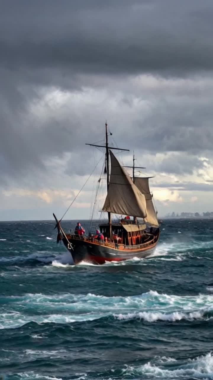 Ancient chayka warship gliding gracefully across turbulent stormy sea dark clouds swirling ominously above crashing waves splashing against wooden hull strong winds billowing sail deckless structure revealing skilled Cossacks manning paddles navigating through tempest excitement radiating from synchronized movements vibrant colors of traditional attire contrasting against stormy backdrop lively animated style reminiscent of classic cartoon series capturing daring adventures of Zaporizhzhia Cossacks mist rising from water adding a sense of mystery and urgency pulse of history echoing through fierce winds setting dynamic scene of courage and heritage