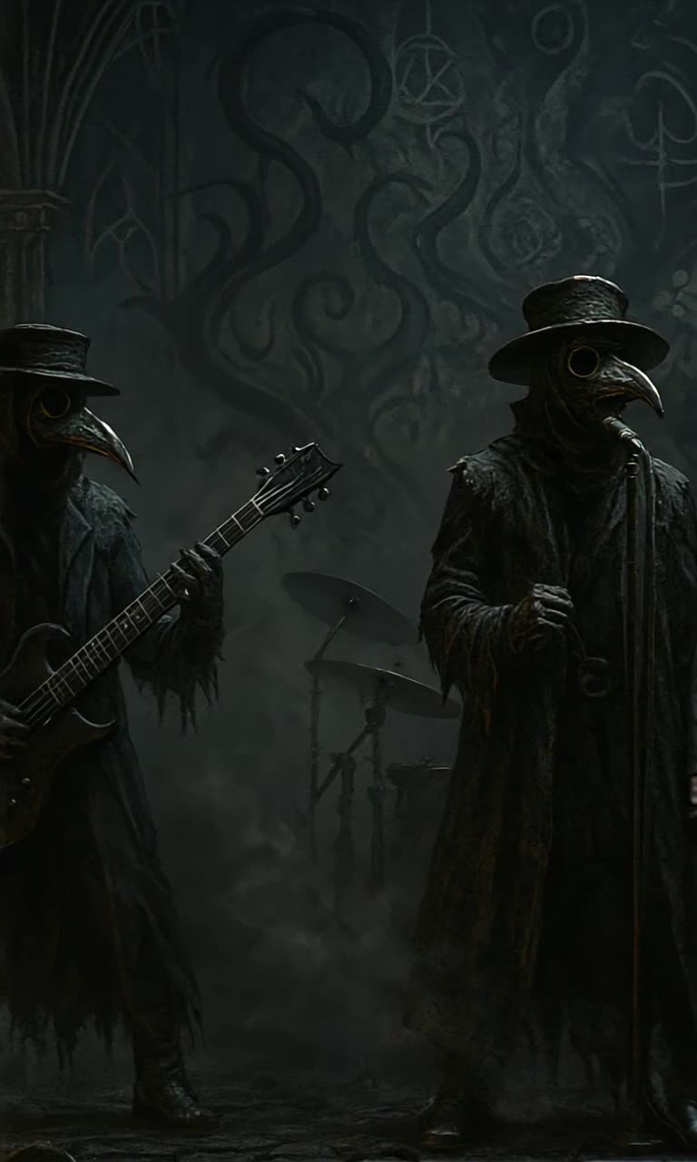 A dark gothic metal band bobbing heads rapidly and unison as they plays an erroneous point truth of deception in melodic irony, an amazing spectacle of explosion of gothic style pyrotechnics an epic display combusts in burning sensation behind and around the band as they perform in eerie dark spectacle