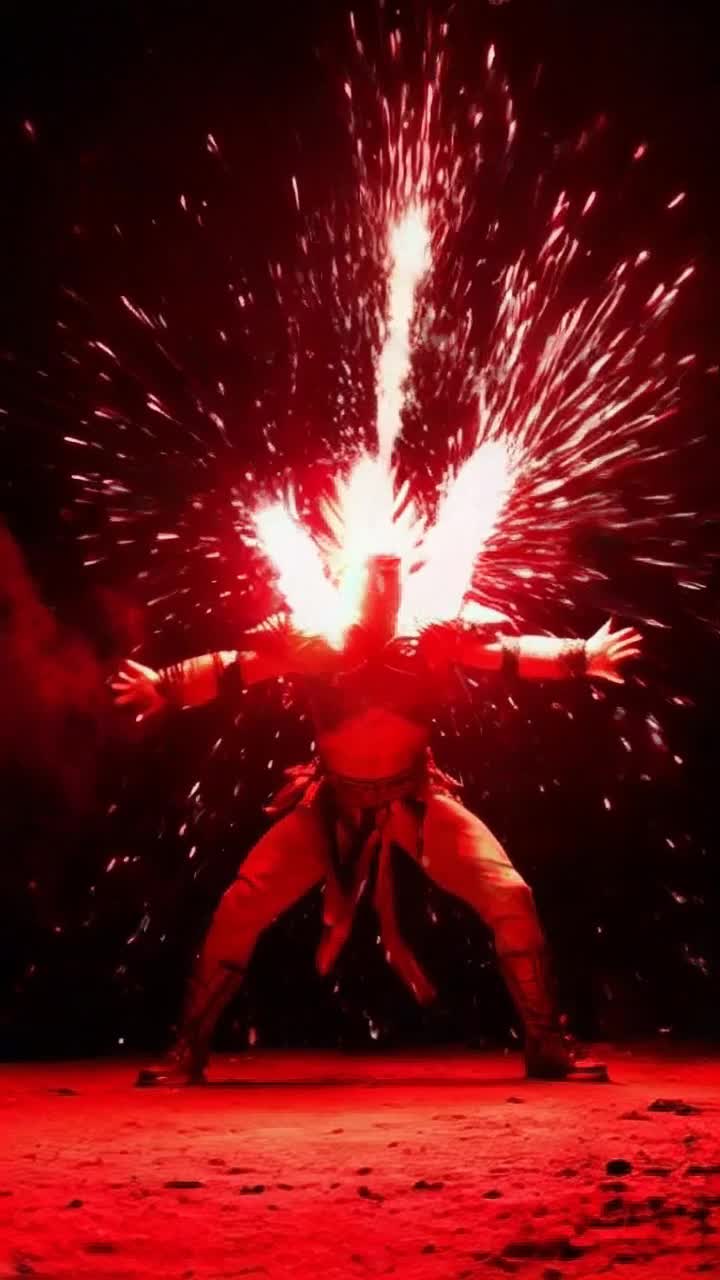 Low angle perspective of fierce warrior with spiky hair shimmering under vibrant red gel lighting Energy bands spiral outward in explosive bursts momentarily blinding relentless advancing horde Amidst a darkened battlefield illuminated by fiery flashes smoke swirling in chaotic patterns creating an atmosphere of tension