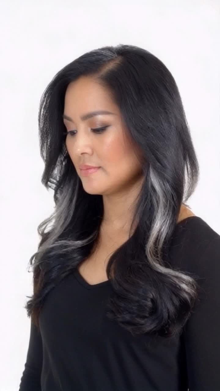 A Beautiful woman with black hair with silver streaks made of salt fall to the ground