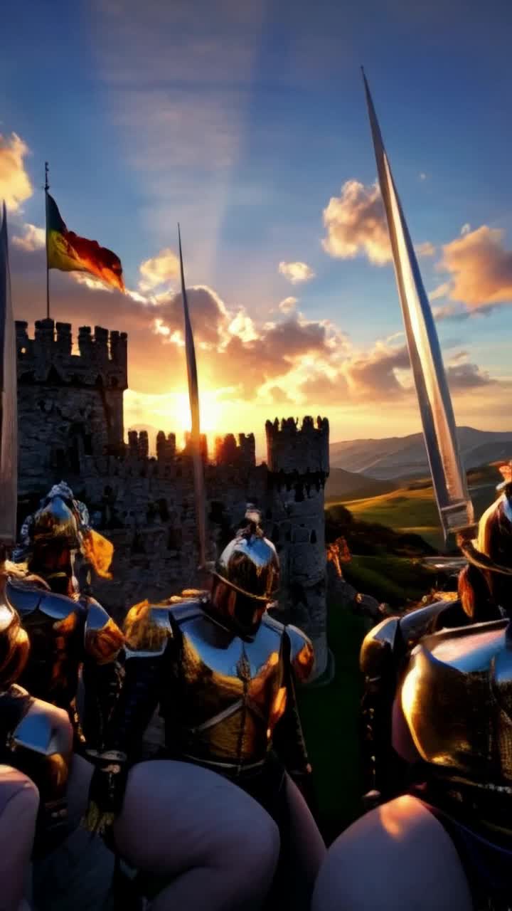 Knights adorned in shimmering armor wielding gleaming swords elevating high fierce determination igniting their eyes resolute defenders of majestic stone castle galloping upward triumphantly against vibrant rolling hills bathed in warm golden glow vivid banners dancing spiritedly in gentle breeze ethereal clouds drifting lazily across radiant blue sky enhancing atmosphere with palpable tension golden sun sinking low casting striking shadows over weathered walls echoing tales of bravery igniting fervent anticipation among vigilant guardians prepared for legendary exploits