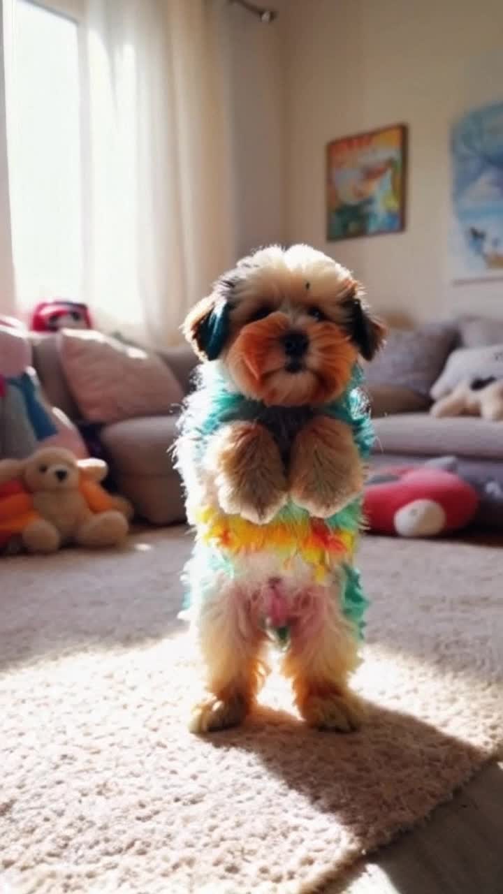 Vibrant fluffy dog plushie shimmering with colorful threads morphs into an energetic puppy bouncing playfully Rays of sunlight pour in from a nearby window illuminating a cozy living room filled with scattered toys soft cushions and a backdrop of cheerful artwork on the walls