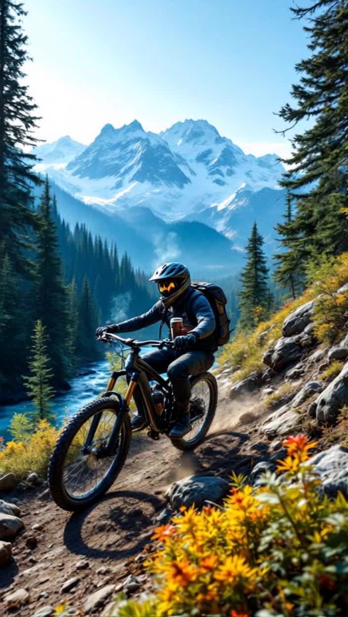 From the top of the mountain bike trail, a midday summit thermos cup of steamy warm coffee in the cool mountain air is chugged with ecstatic enjoyment while sitting on a shiny new black and silver mountain bike, thermos is closed quickly for the slow start of descent down the mountain and picking up speed, even with wildly crazy twists and turns on the bumpy trail, passing startled deer, rabbits and a cougar, an annoyed squirrel flips a bird, oh well, almost to the end when the front wheel hits a rock, the bike flies up in a loop to come down into the deep cool rushing water of the nearby river, clear blue sky, erratic comical faces, simultaneously synchronized