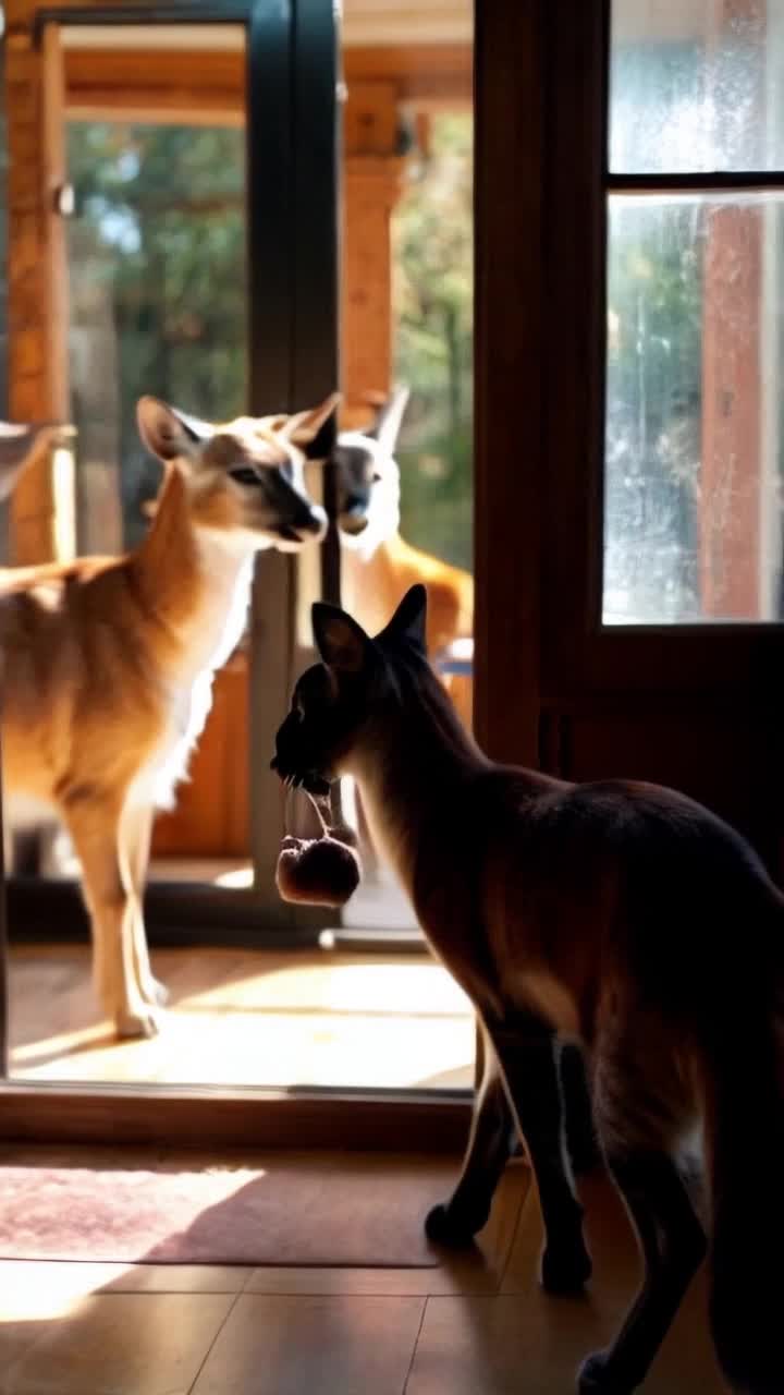Siamese cat with sleek fur and striking blue eyes strutting gracefully through cozy home with vibrant furniture and sunlit corners clutching a fluffy toy mouse in her mouth approaches large glass door with curiosity glancing at two serene deer with gentle features peering curiously inside their soft fur glistening under dappled sunlight cat releases toy mouse from her mouth her gaze fixed intently on the deer filled with wonder and intrigue