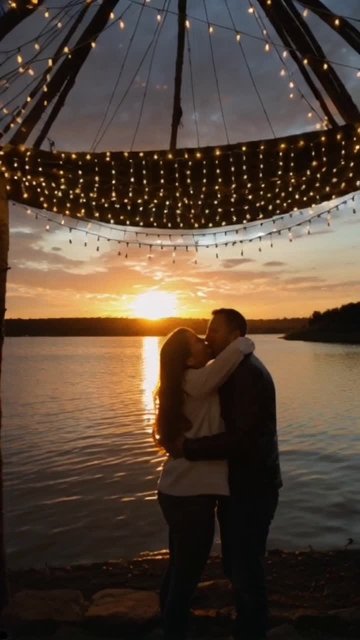 Two figures standing under a canopy of twinkling lights radiating warmth Dreamlike embraces filled with laughter and whispered secrets Sun setting over a serene lake casting golden reflections sparkles dancing on the water surface