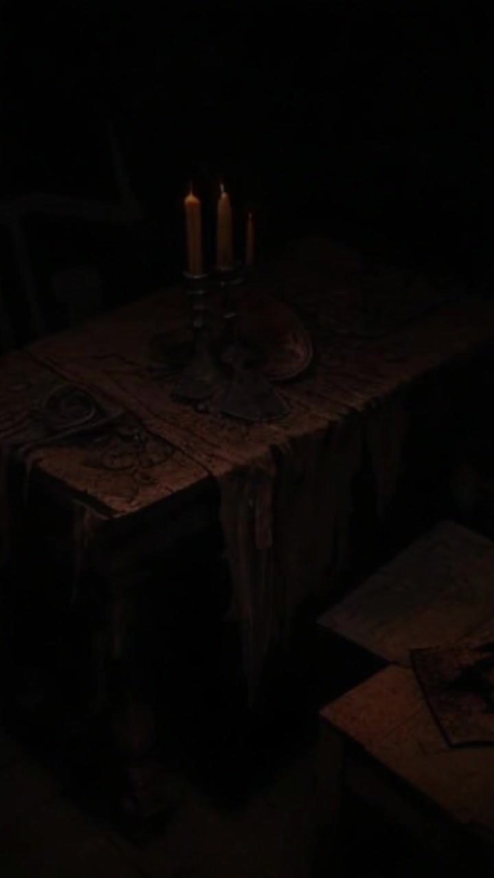 A decaying wooden table lit by dim candlelight Centered on it lies a rusted, old knifeits blade stained with dried, timedarkened residue, the hilt wrapped in rotting leather Around it, ancient papers are scatteredsome with bloodsmudged writing, others torn as if in panic A shadow falls across the blade from an unseen figure behind The atmosphere is heavy with dread, as though the knife remembers violence Gothic, grim, and symbolically cursed