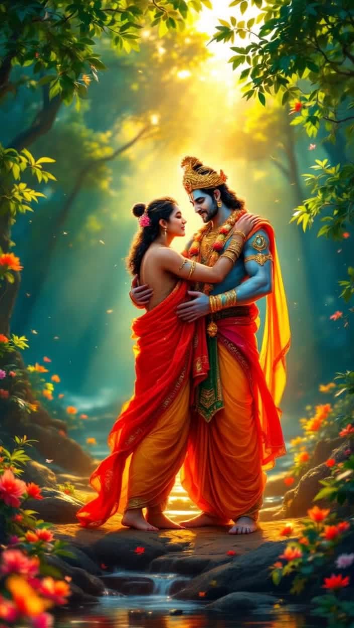 Lord Ram resplendent in royal attire with a golden crown, Hanuman adorned with vibrant orange and red garments, embracing one another with warmth and devotion Hanuman bows deeply, reverence evident, as Lord Ram gently lifts him, radiating love and strength Surrounding them, an ethereal forest with luminous trees swaying softly, glowing flowers blooming in rich colors, a serene river flowing nearby, sunbeams filtering through lush green leaves Divine aura shimmering around them, creating a sacred atmosphere filled with tranquility Celestial music enveloping the scene, enhancing the emotional gravity, evoking a sense of peace and harmony in this sacred moment