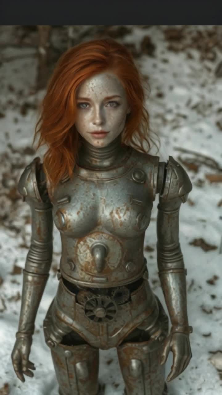 beautiful red head robot, rusted as the tin man, a worn partial smile pained across her face, her cogs gears and metal body falls onto the ground as she stands frozen in a fancy unable to move in the snow, body parts and metal pieces of her break and fall off her as she stands swollen in the snow at sunset