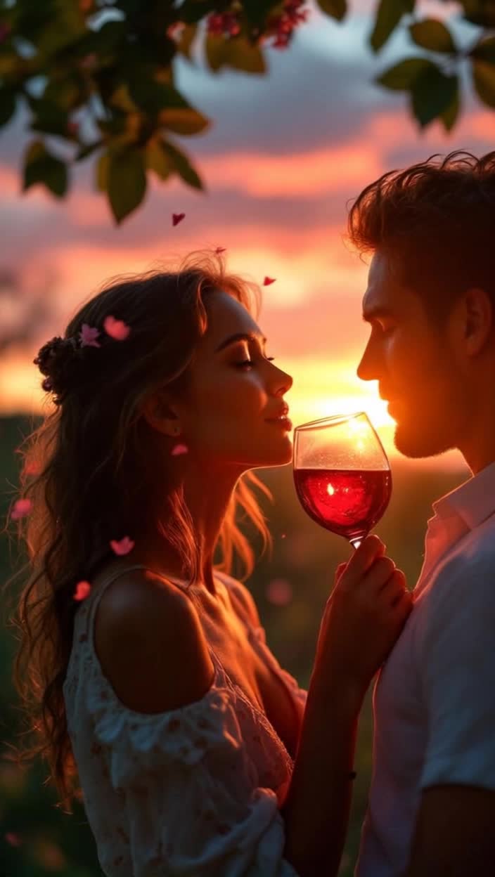 Woman basking in warm sunlight savoring rich wine delicate petals brushing her skin gentle breeze whispering through leaves deepening connection one vibrant sunset glowing on horizon sparkling lights twinkling in twilight romantic evening enchanting ambiance inviting warmth filling air longing glances exchanged sparks igniting passion hearts entwining magic enveloping them intimacy blossoming around lush greenery bathed in soft hues