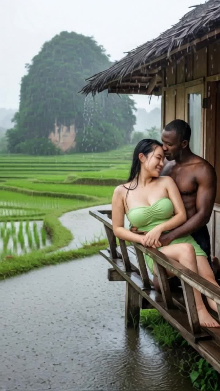 heavy rain, man hugs woman tightly romantically