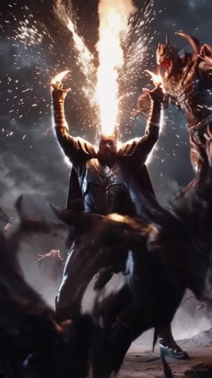Fierce demon slayer clad in rugged armor showcasing a determined expression bursts into a striking hero pose channeling radiant energy from his palms unleashing a powerful high-frequency barrage obliterating the advancing evil demon horde monstrous figures twisted in grotesque forms scattering into shadowy wisps under the vibrant shockwaves chaotic battlefield illuminated by flashes of light and dark swirling storm clouds overhead creating a dramatic clash of good versus evil