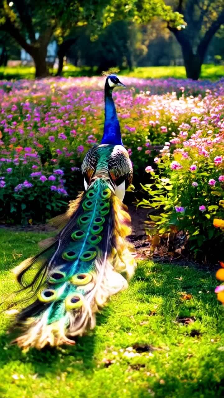 Majestic peacock displays magnificent radiant feathers showcasing vibrant hues of blue green gold Tail feathers shimmer elegantly under brilliant sunlight each eyelike pattern dances mesmerizing enchanted onlookers Lush garden bursting with blooming flowers swaying gently in soft breeze leaves rustling creating tranquil enchanting atmosphere golden rays filtering through tree branches casting playful shadows on vibrant petals