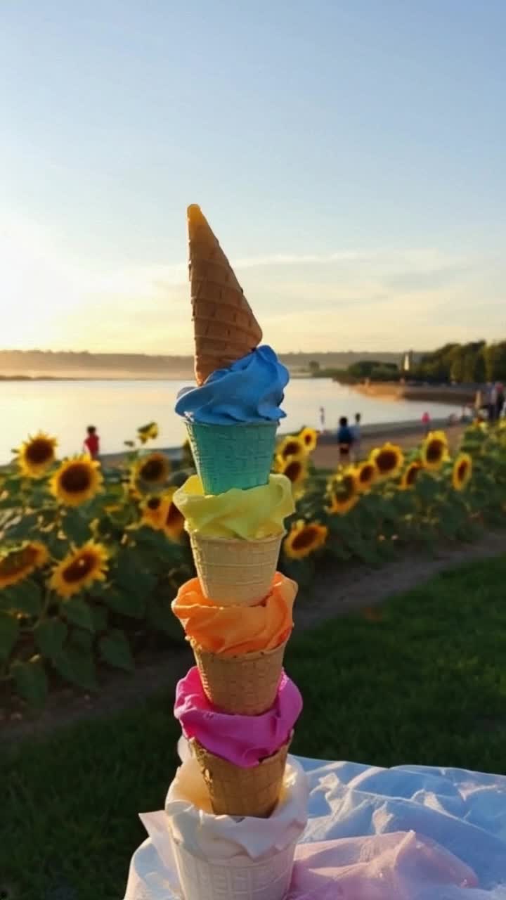 Colorful ice cream cones tower high in vibrant morning light Soft serve swirls dance upward in a delightful motion Sunflowers bloom against a clear blue sky warm rays shimmer off a sparkling lake reflecting a golden sunrise playful children laugh and run through lush green grass as a gentle breeze stirs sweet scents of vanilla and strawberry creating a joyful summer morning atmosphere