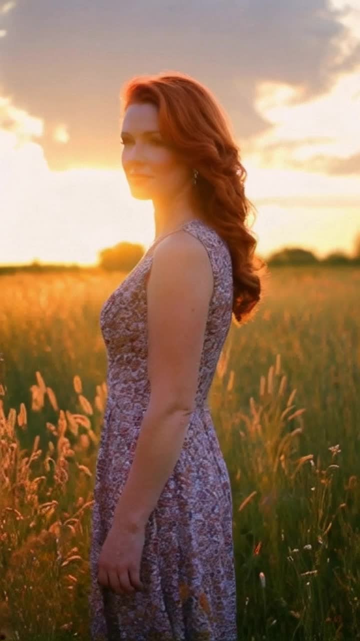 Elegant woman with flowing auburn hair standing confidently against a vibrant sunset sky radiating warmth and inspiration as golden rays dance around her in a serene meadow dotted with wildflowers swaying gently in the breeze