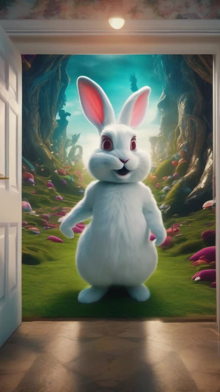 Open the door the see the white rabbit going to wonderland in hypnotic hallucination