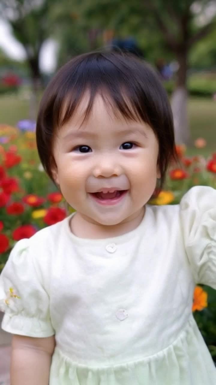 Cheerful child with bright eyes waving excitedly Crafting a playful dance spurred by laughter Sundrenched park filled with vibrant flowers fluttering butterflies and swaying trees