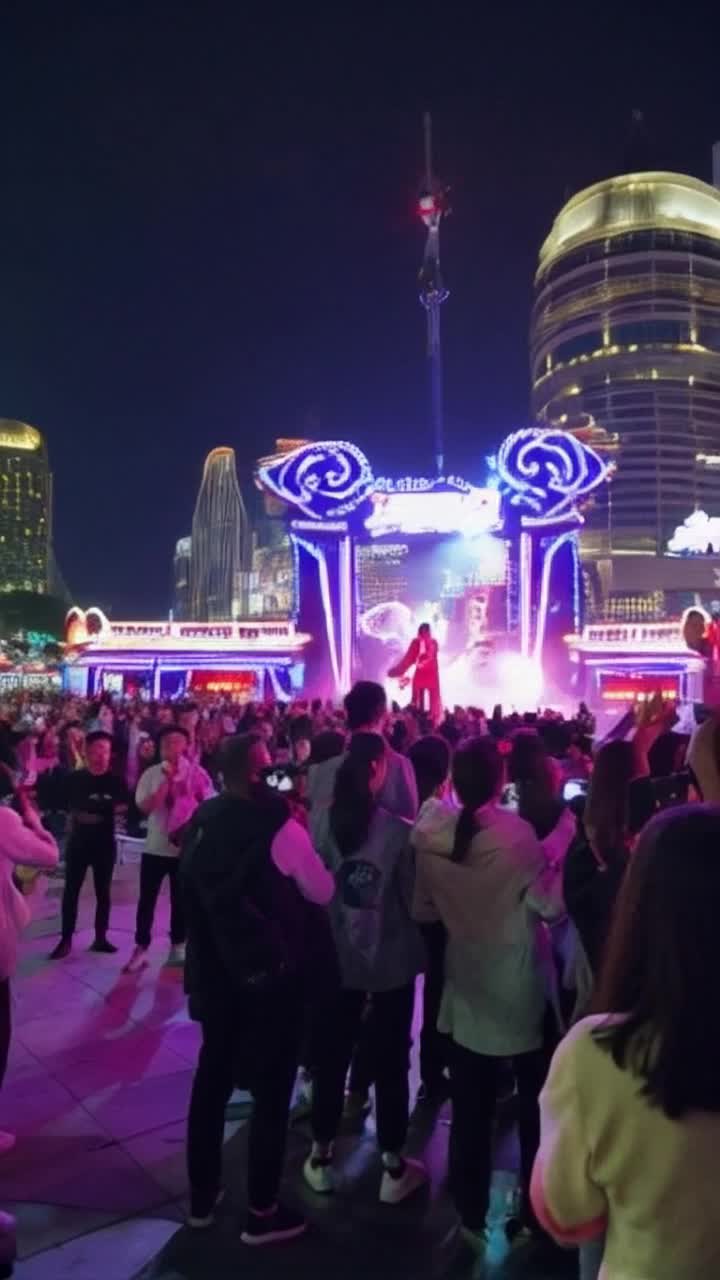 Dynamic Jackie Chan performing breathtaking stunts showcasing martial arts skills engaging with multiple enthusiastic fans captivated by his charisma vibrant city streets adorned with neon lights bustling nightlife reflecting on excitement and energy surrounding the scene