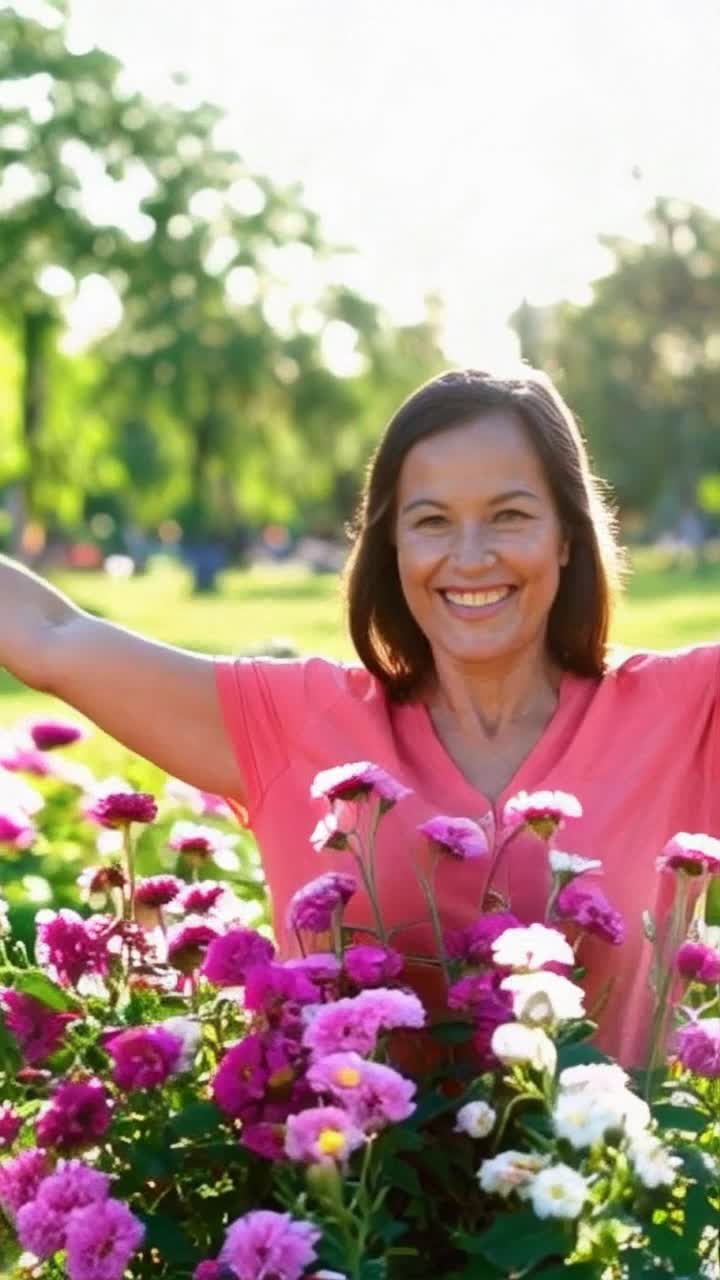 Confident individual nodding affirmatively with a bright smile radiating positivity Arms open wide embracing the moment Sunlit park filled with vibrant flowers and lush greenery swaying gently in the breeze Birds chirping merrily overhead creating a cheerful atmosphere