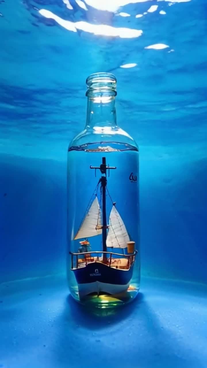 SHIP IN A BOTTLE Titanic ship model nestled inside a glass bottle labeled TWISTY vibrant blue water filling half of the bottle tiny ship elegantly floating on water shimmering under light reflections creating a sense of adventure magical underwater world surrounding the bottle gentle ripples adding movement to the scene sunlight filtering through casting playful shadows on the surface whimsical ambiance inviting viewers to imagine grand voyages explore nautical dreams