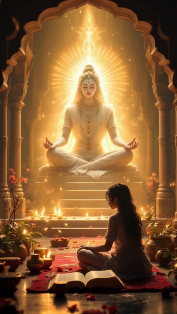 Sad girl seated in dimly lit room gazing at open book filled with daunting words  Slowly rising she walks through vibrant temple courtyard surrounded by soft drumbeats and ringing bells  Magnificent Mahagauri materializes dressed in radiant white glowing with serene strength  Eyes closed she meditates channeling inner peace and confidence transforming her expression into serenity  Confidently returning to her workspace she gently closes the book while uplifting music swells in triumphant celebration  Text appears invoking ancient Sanskrit with divine messages and strength capturing essence of belief and devotion