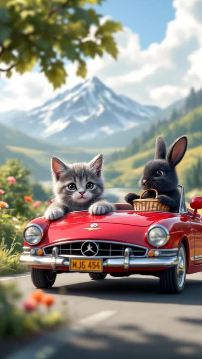 An adorable gray Tabby kitten sits in the drivers seat if a Barbie doll toy sized fancy red convertible, the kittens paws handle the steering wheel smoothly as she drives calm, quick and sure through the countryside and up towards the mountains on a bright sunny afternoon A black rabbit suddenly appears in the passenger seat with a tiny picnic basket They both smile at eachother and resume their day trip