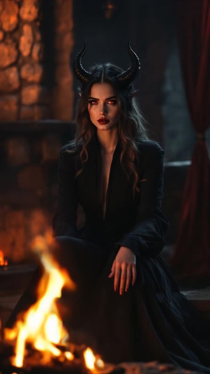 A beautiful devil woman laying by a roaring fireplace 