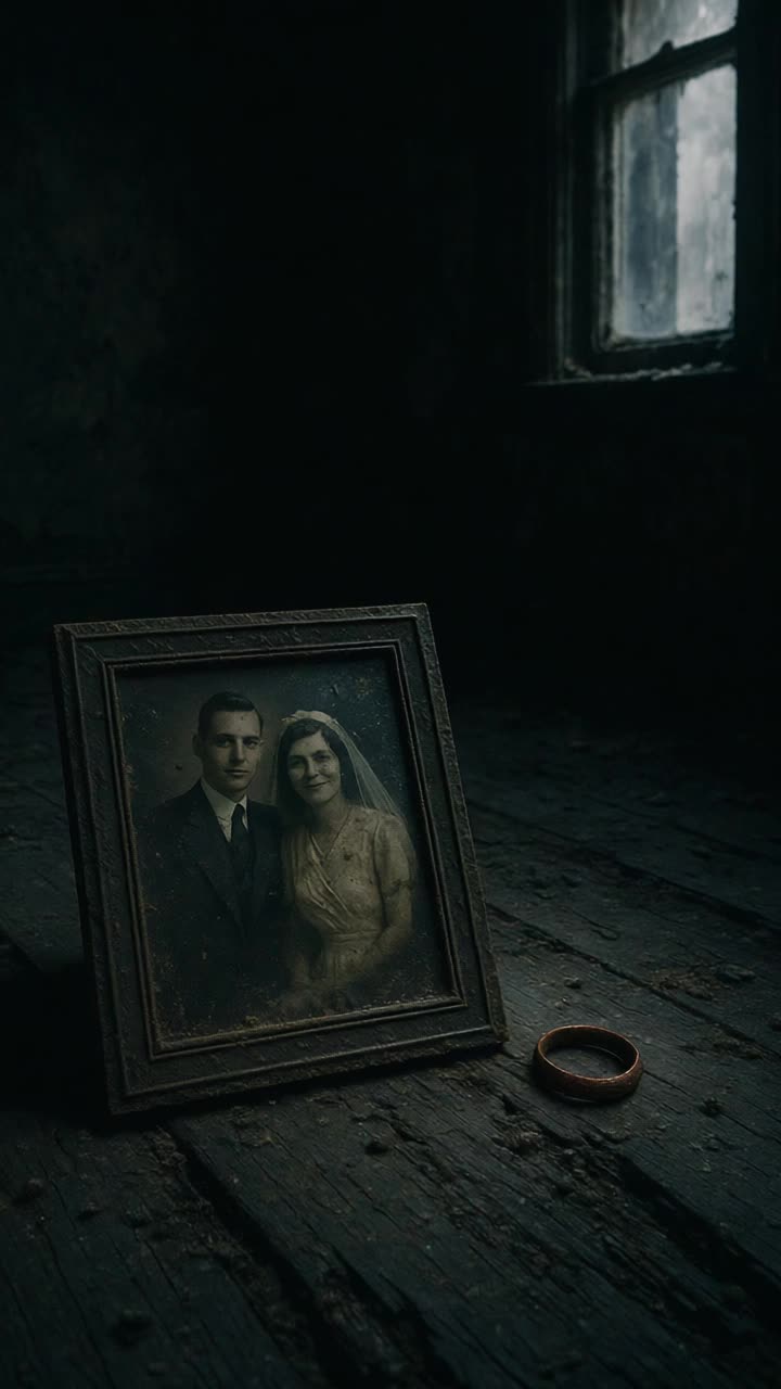 Faded photograph hanging on a fraying string Rusty wedding ring lying in a forgotten corner Tears of dust glistening softly under muted light Emotions swirling around like autumn leaves catching the breeze Shadows dancing gently creating a melancholy atmosphere Timeworn memories echoing through a dimly lit room Dust motes floating in the air capturing moments of lost love