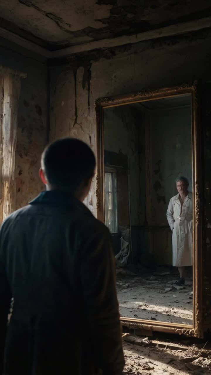 deep shadows in a crumbling nursery, relics unmovingbut in the mirror, a barelyvisible figure Eyes hollow Watching Waiting