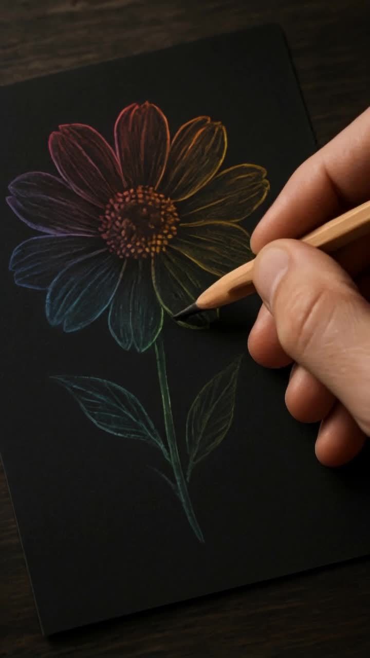 Vibrant artist surrounded by an explosion of colorful flowers delicately sketching intricate designs upon a large paper canvas Radiant sunlight filtering through lush green leaves illuminating detailed petals and highlighting soft pastel hues of blossoms in gentle breeze