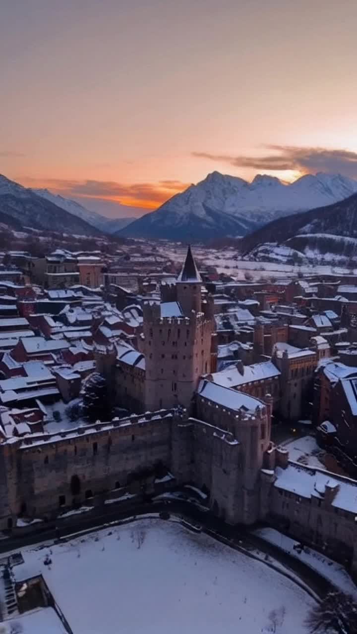 Kars Castle towering majestically above the ancient city shimmering in twilight hues swirling with orange and purple hues glistening on snowcapped rooftops drone soaring gracefully capturing panoramic views landscapes stretching into distant horizons vibrant historical architecture blending with the serene beauty of nature gently gliding through crisp mountain air framing the rugged silhouettes of the surrounding peaks revealing secrets of a rich cultural heritage waiting to be discovered