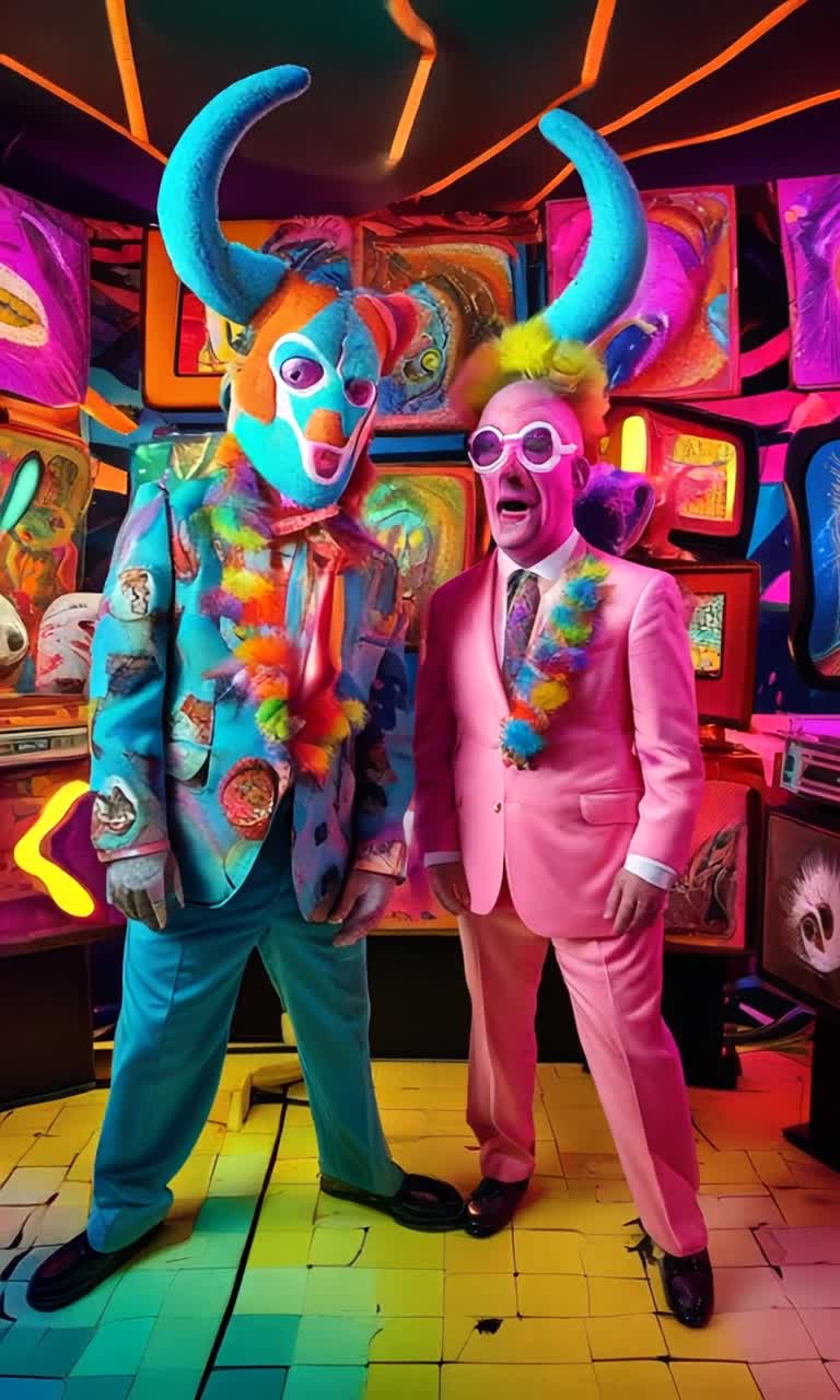 Grotesque creatures with drooping snouts twisted horns long tails adorned in vibrant mod 1960s attire collide in chaotic banter and laughter amidst zany psychedelic game show atmosphere Colorful oversized squares flash neon lights from a backdrop overflowing with psychedelic patterns rich in vibrant hues echoing vintage television sets Ridiculous challenges unfold as these bizarre contestants drool squabble and engage in comical displays of charm and horror capturing the absurdity of this parody