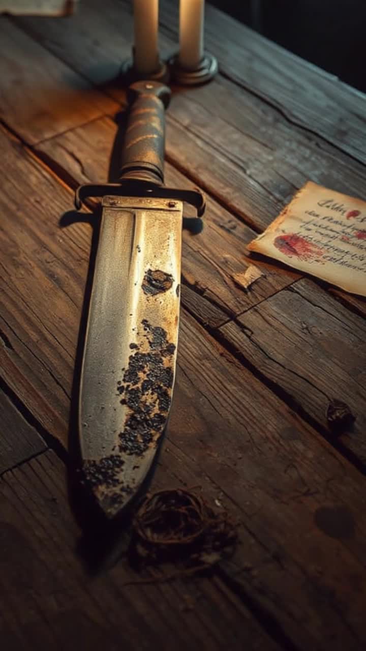 A decaying wooden table lit by dim candlelight Centered on it lies a rusted, old knifeits blade stained with dried, timedarkened residue, the hilt wrapped in rotting leather Around it, ancient papers are scatteredsome with bloodsmudged writing, others torn as if in panic A shadow falls across the blade from an unseen figure behind The atmosphere is heavy with dread, as though the knife remembers violence Gothic, grim, and symbolically cursed