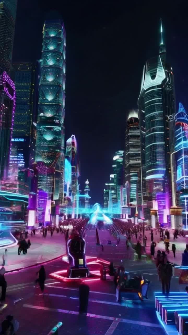 Giant sleek robot towering over neon-lit streets navigating through throngs of diverse city dwellers clad in futuristic attire luminous colors cascading off their clothing gliding effortlessly through chaos brandishing massive jumbotron illuminating surroundings with vibrant psychedelic advertisements pulsating rhythmically for a surreal experience towering skyscrapers adorned with holographic displays casting reflections on rain-slick pavement bustling market stalls filled with eclectic wares and glowing signs illuminating the night air with an electric atmosphere