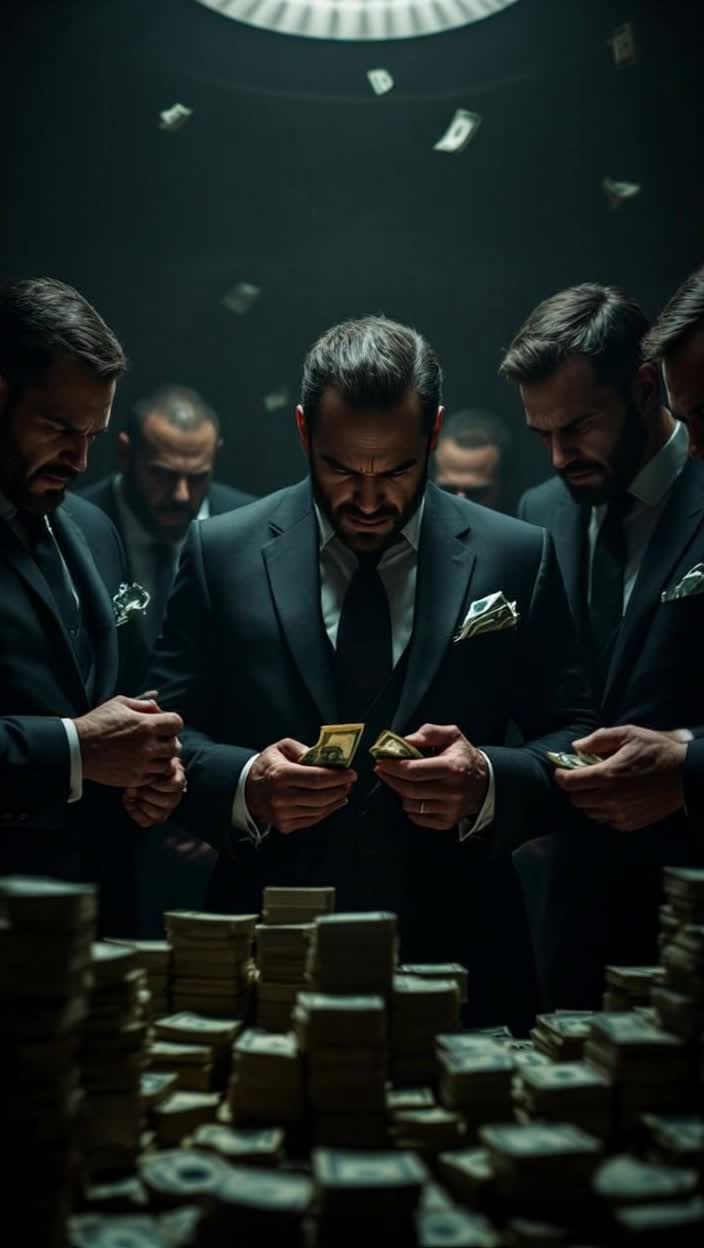 Greedy rich men in suits, stuffing their pockets with money