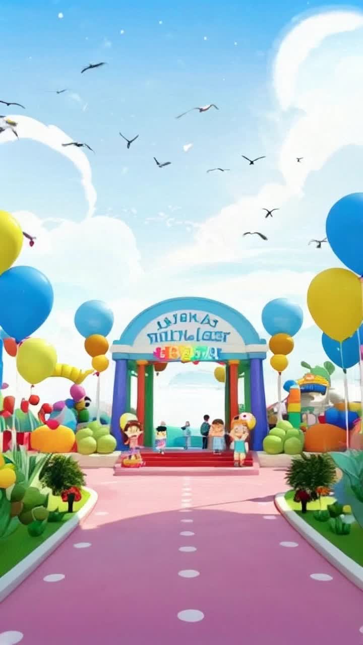 A colorful and happy zoo entrance with bright balloons, smiling children holding their parents hands, and a big sign that says Welcome to the Zoo in rainbow colors The weather is sunny with soft clouds in the sky Birds fly gently overhead Camera slowly zooms in from above, then pans down toward the entrance as cheerful background music plays Use a bright, soft cartoon style with rounded shapes and vivid colors Everything should feel friendly, fun, and magical for a toddlerKeywords colorful zoo, happy kids, balloons, sunshine, cartoon style, soft colors, 3D animation, joyful music, camera zoomin and pan